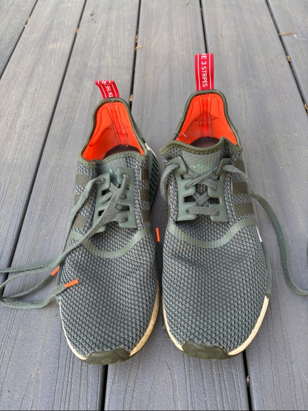 Men's Adidas Athletic Knit Sneakers in Olive Green with Orange Accents